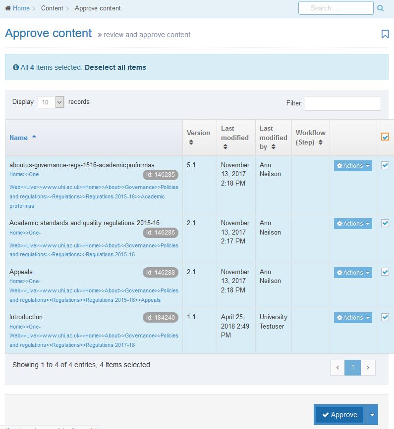 Bulk approval of content