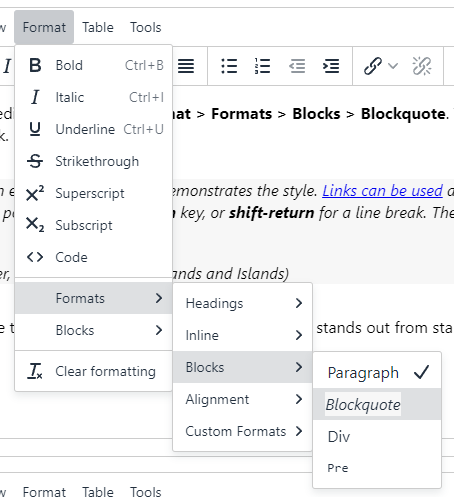 Screenshot of blockquote menu location