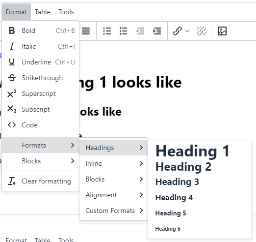 Screenshot of headings menu location