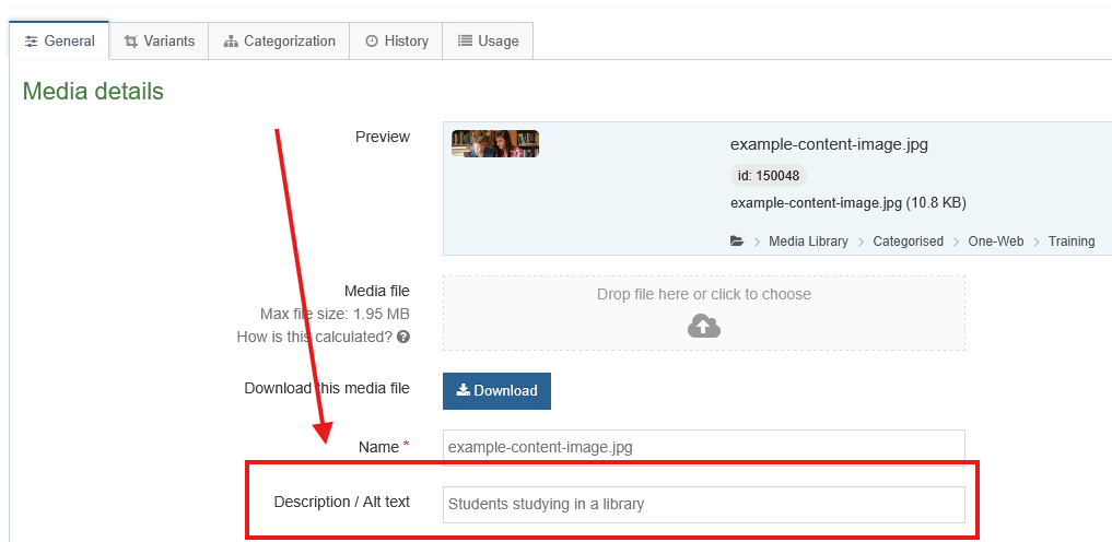 Screenshot of media item highlighting description alt text field Screenshot of media item highlighting description alt text field