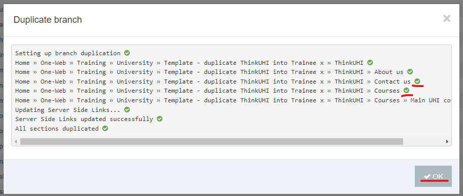 Screenshot of duplicate section confirmation screen