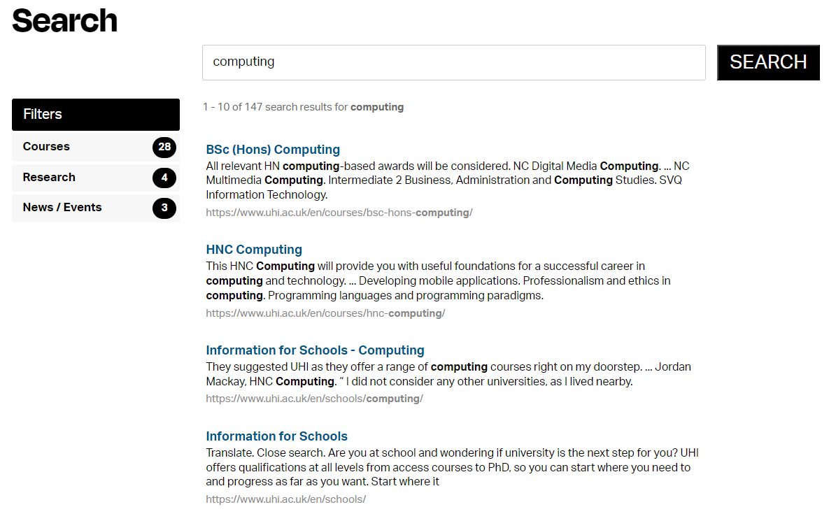 Screenshot of search results screen