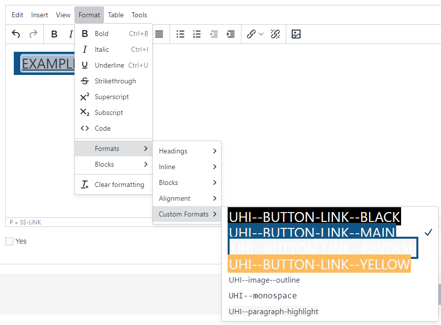Screenshot of how to find the button link formatters