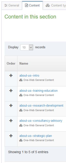 List of content in a section
