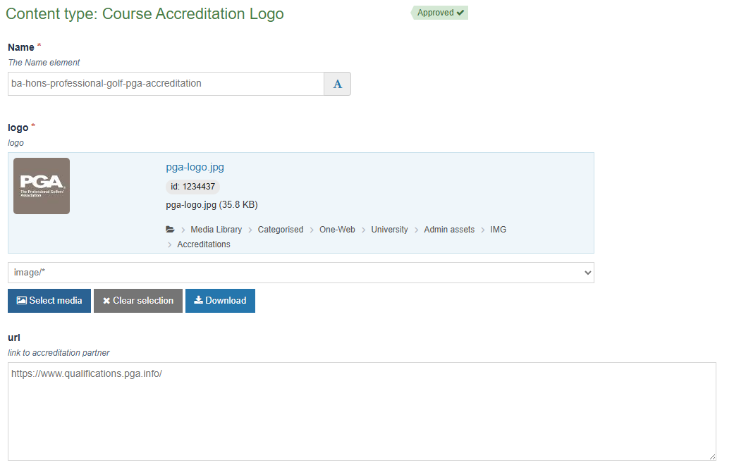 Screenshot of the data fields used for editing the course accreditation logo content type Screenshot of the data fields used for editing the course accreditation logo content type