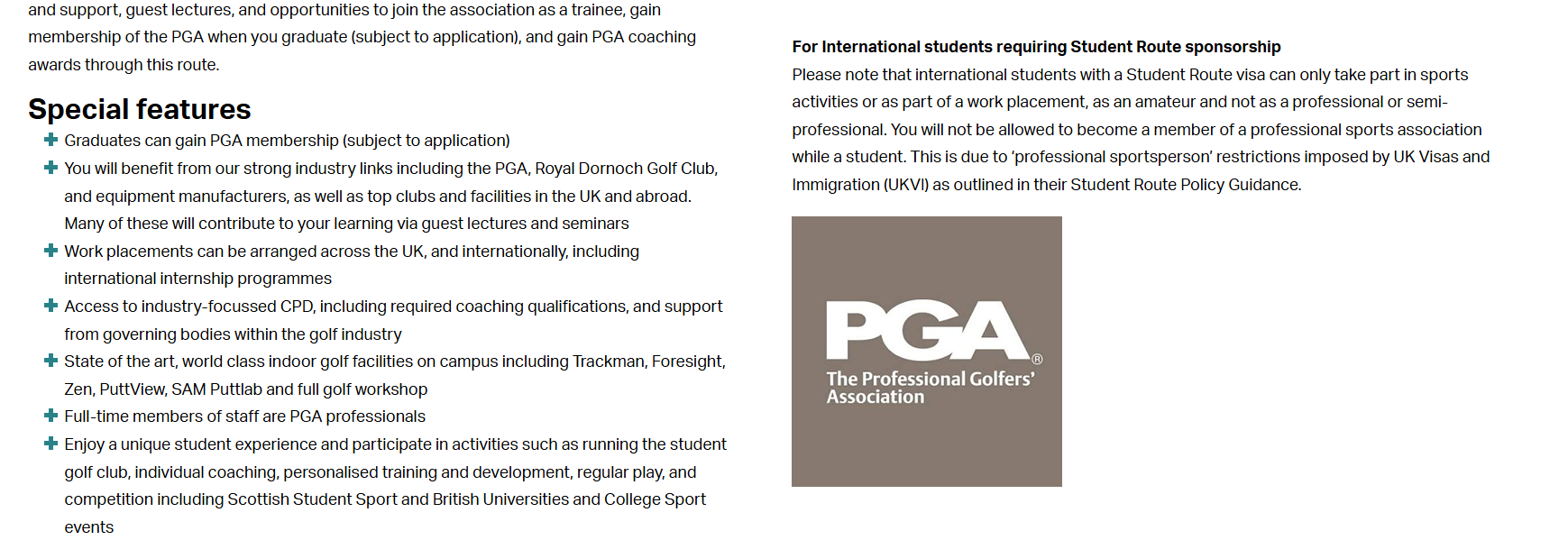Screenshot of the professional golfers association accreditation logo on BA Hons Professional Golf course page Screenshot of the professional golfers association accreditation logo on BA Hons Professional Golf course page