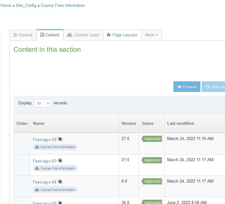 Screenshot of course fee information content types in use