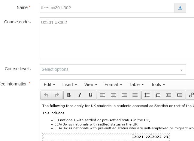 Screenshot of setting course fees by course code