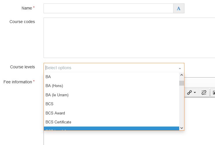 Screen grab of setting fees by course level