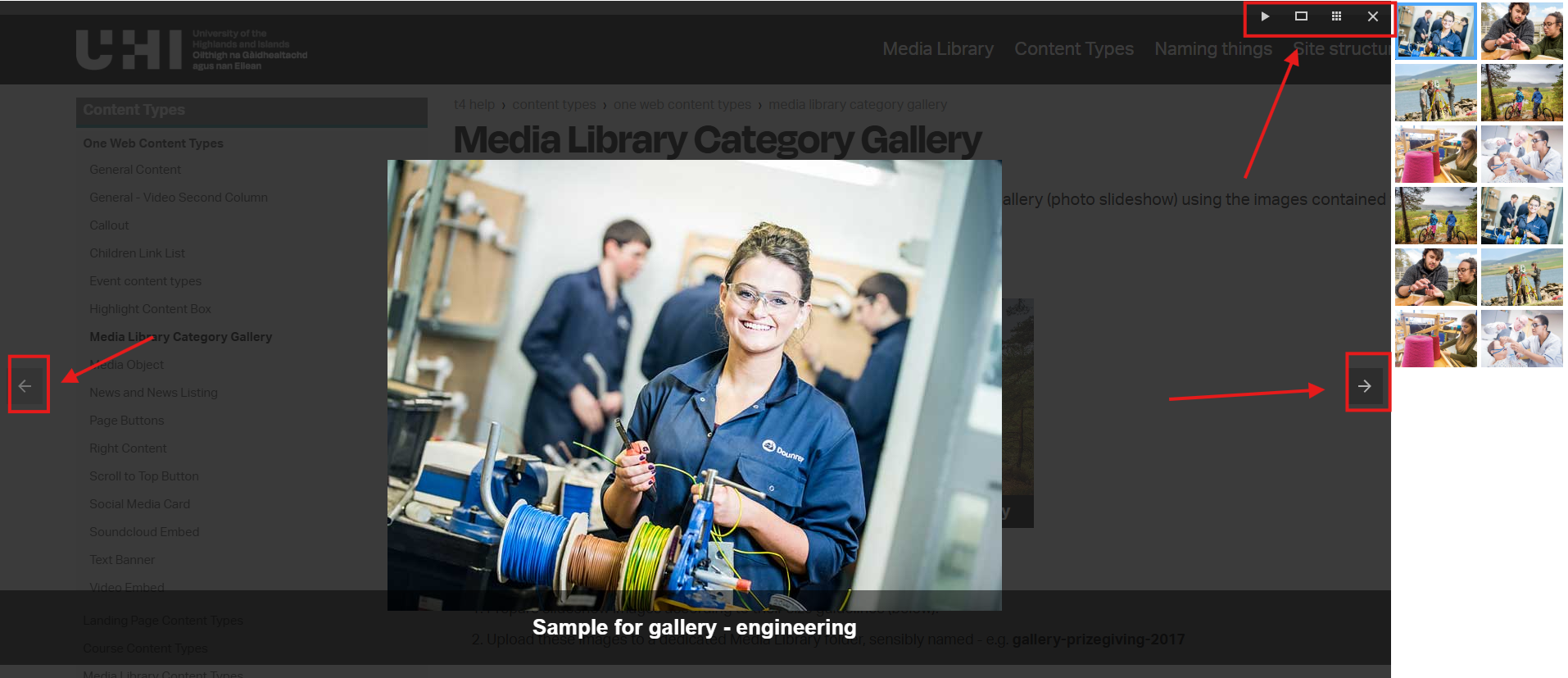 Screenshot of an image gallery highlighting where the navigation controls are Screenshot of an image gallery highlighting where the navigation controls are