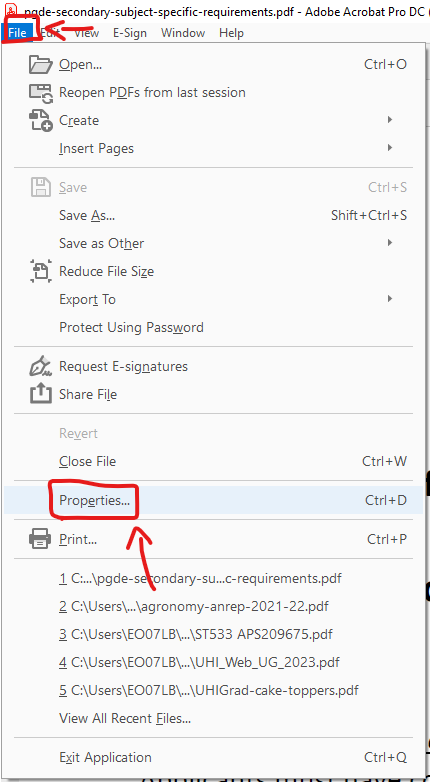 Screenshot of how to access adobe acrobat document properties