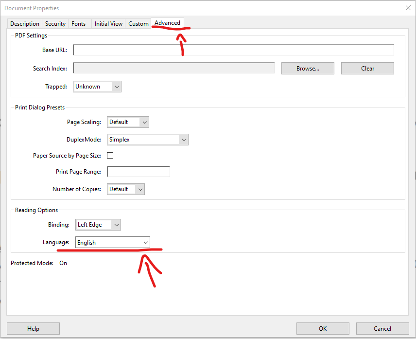 Screenshot of where to find the language metadata in adobe acrobat