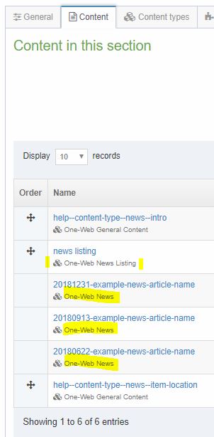 Location of News content items in section