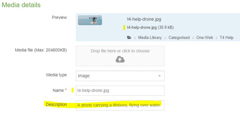The description field of a Media item is alternative text for an image.