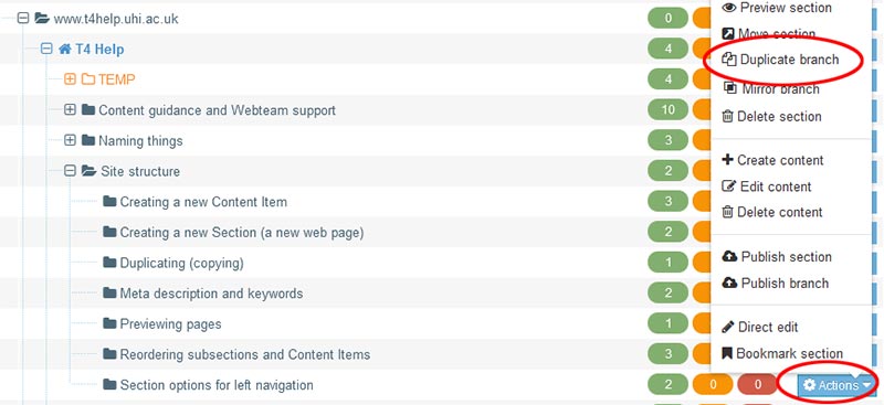 Screenshot showing how to duplicate a branch