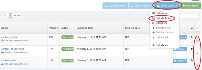 Screenshot showing bulk duplication of content