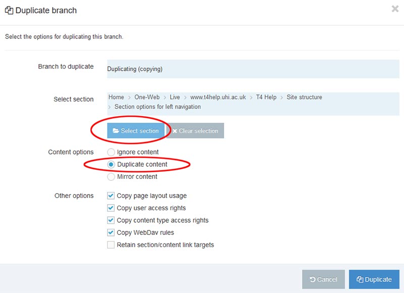 Screenshot showing options on duplicate