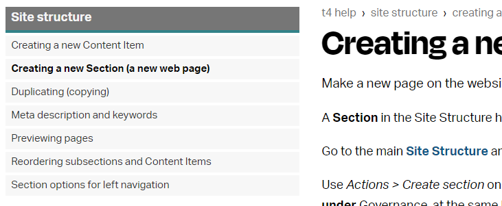 Screenshot of left hand navigation menu